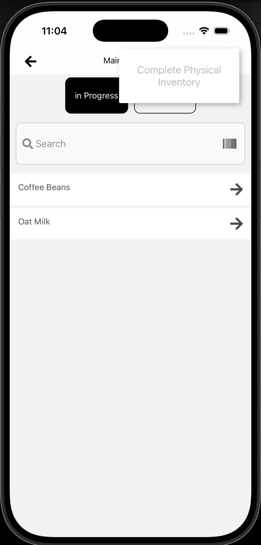 FreshlyCart Inventory menu showing the unavailable Complete Physical Inventory action while products remain in progress.