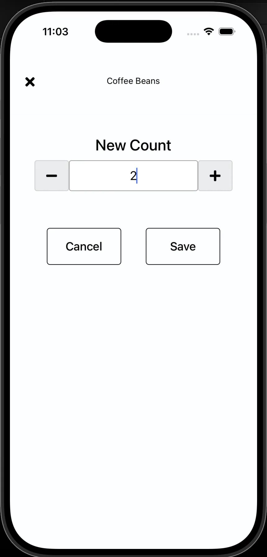 FreshlyCart Inventory New Count screen showing a quantity of two for Coffee Beans.