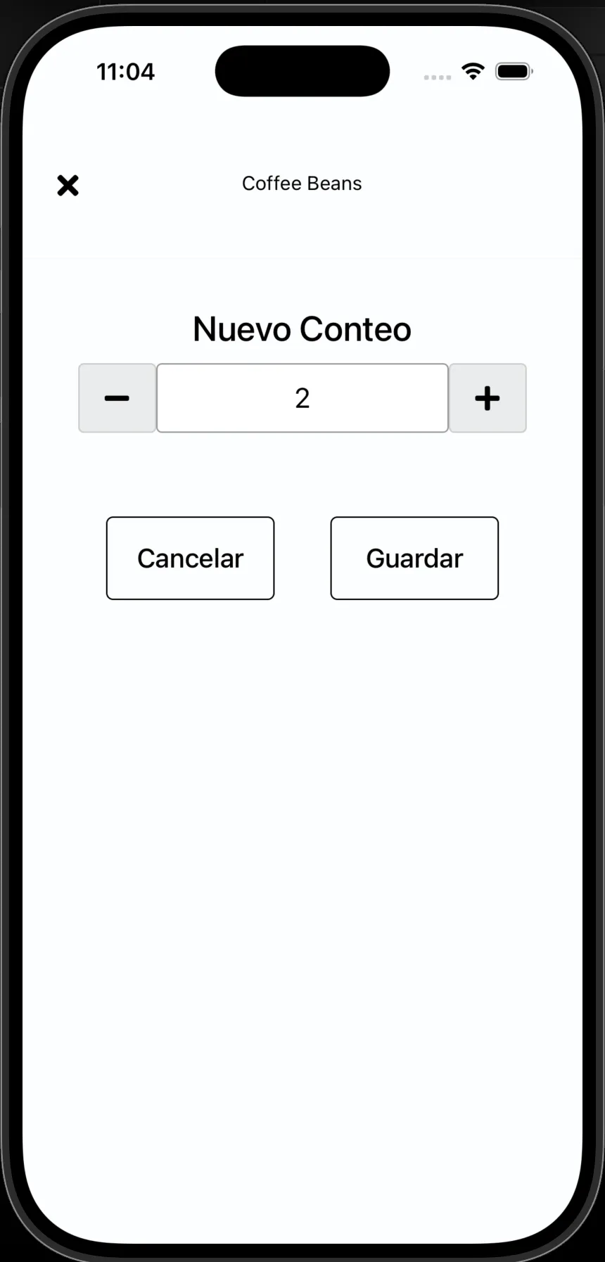 Pantalla Nuevo Conteo de FreshlyCart Inventory con una cantidad de dos para Coffee Beans.