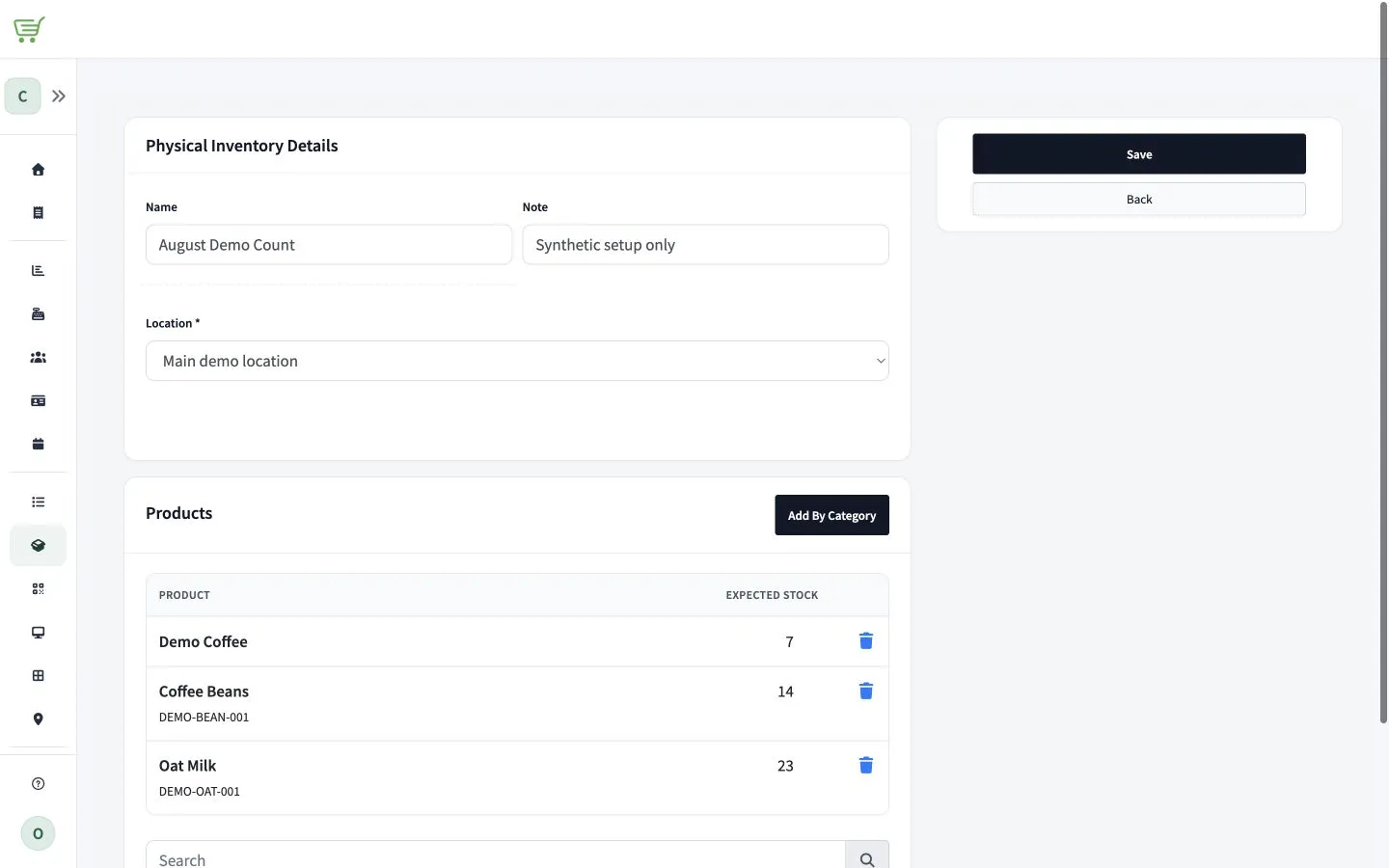 Physical inventory form showing selected products and expected stock at Main Demo Location.
