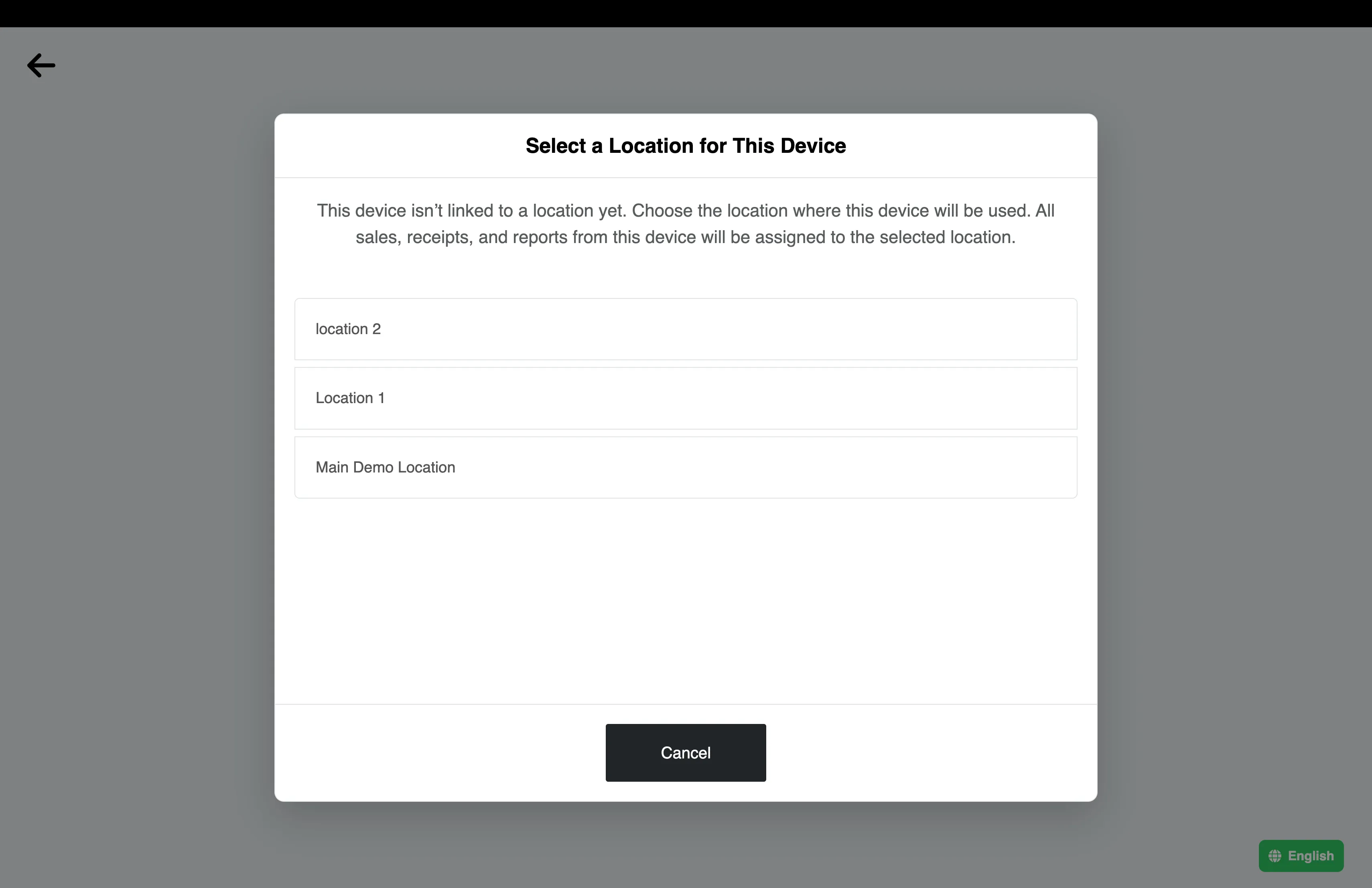 FreshlyCart POS screen asking the merchant to select the location for this device, showing Main Demo Location.