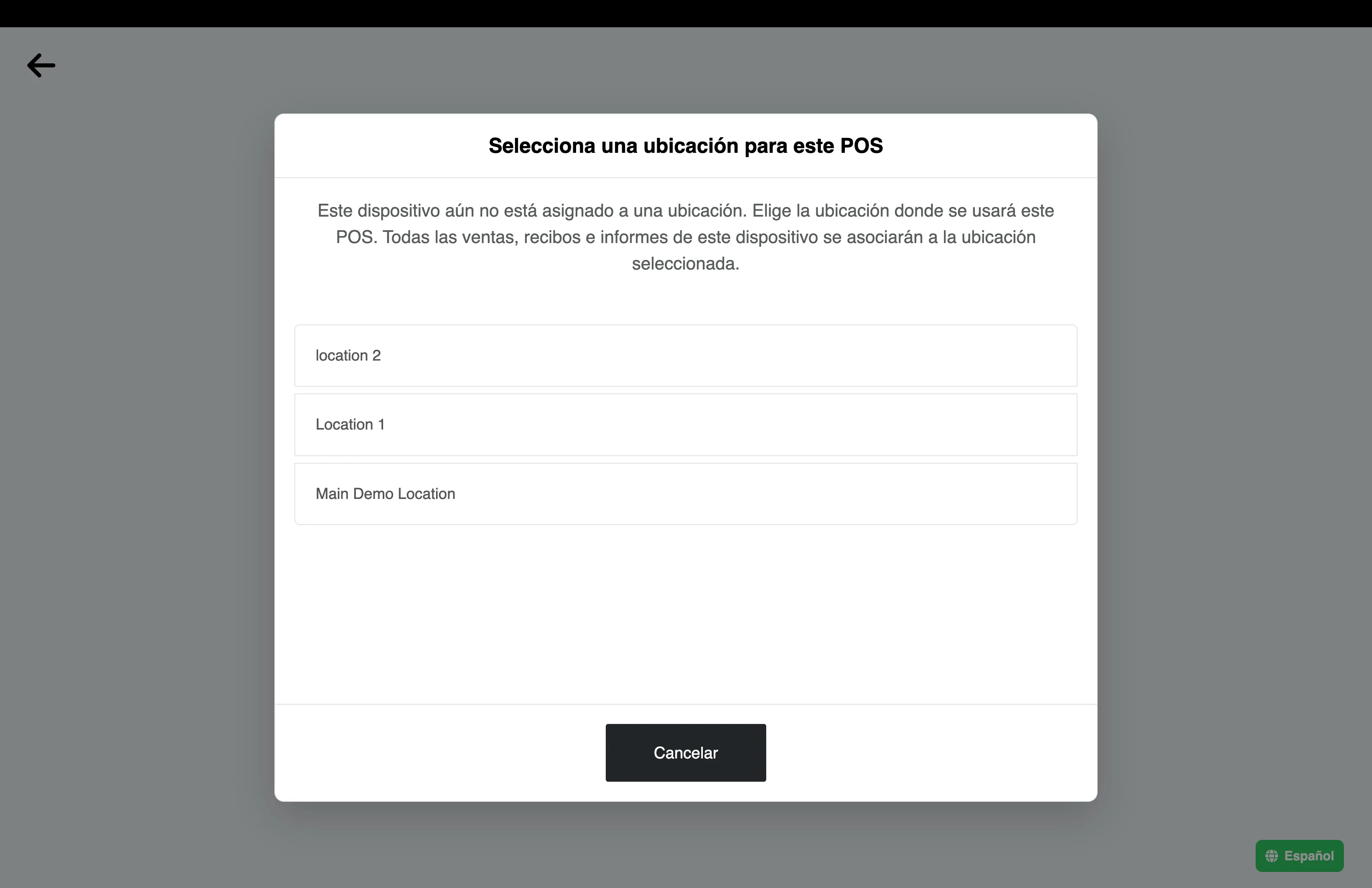 Pantalla de FreshlyCart POS que solicita seleccionar la ubicación de este dispositivo y muestra Main Demo Location.