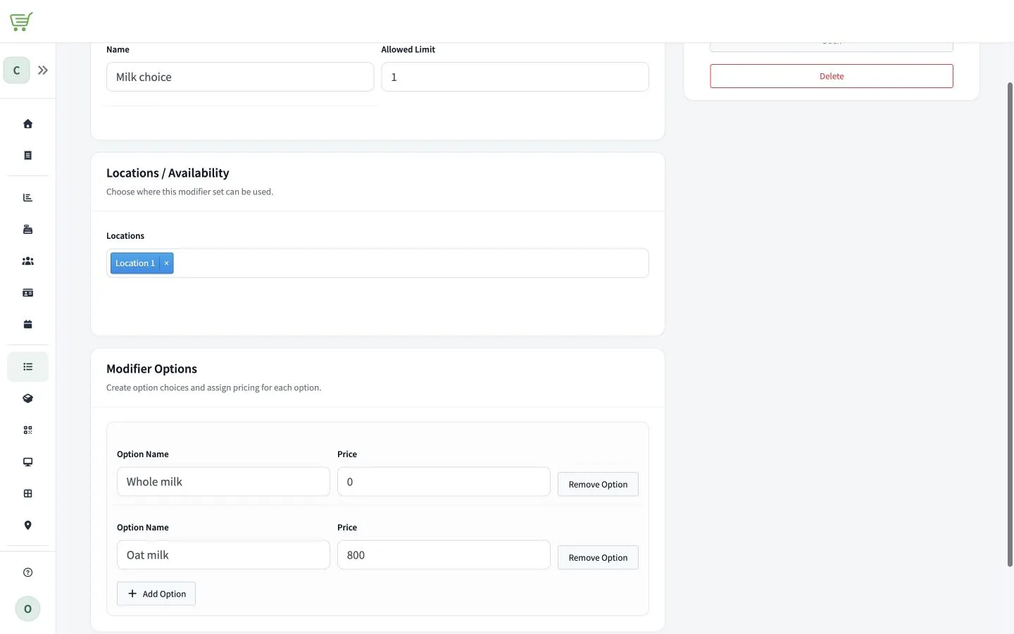 Modifier-group form with a synthetic name, selection limit, location, and two priced options.