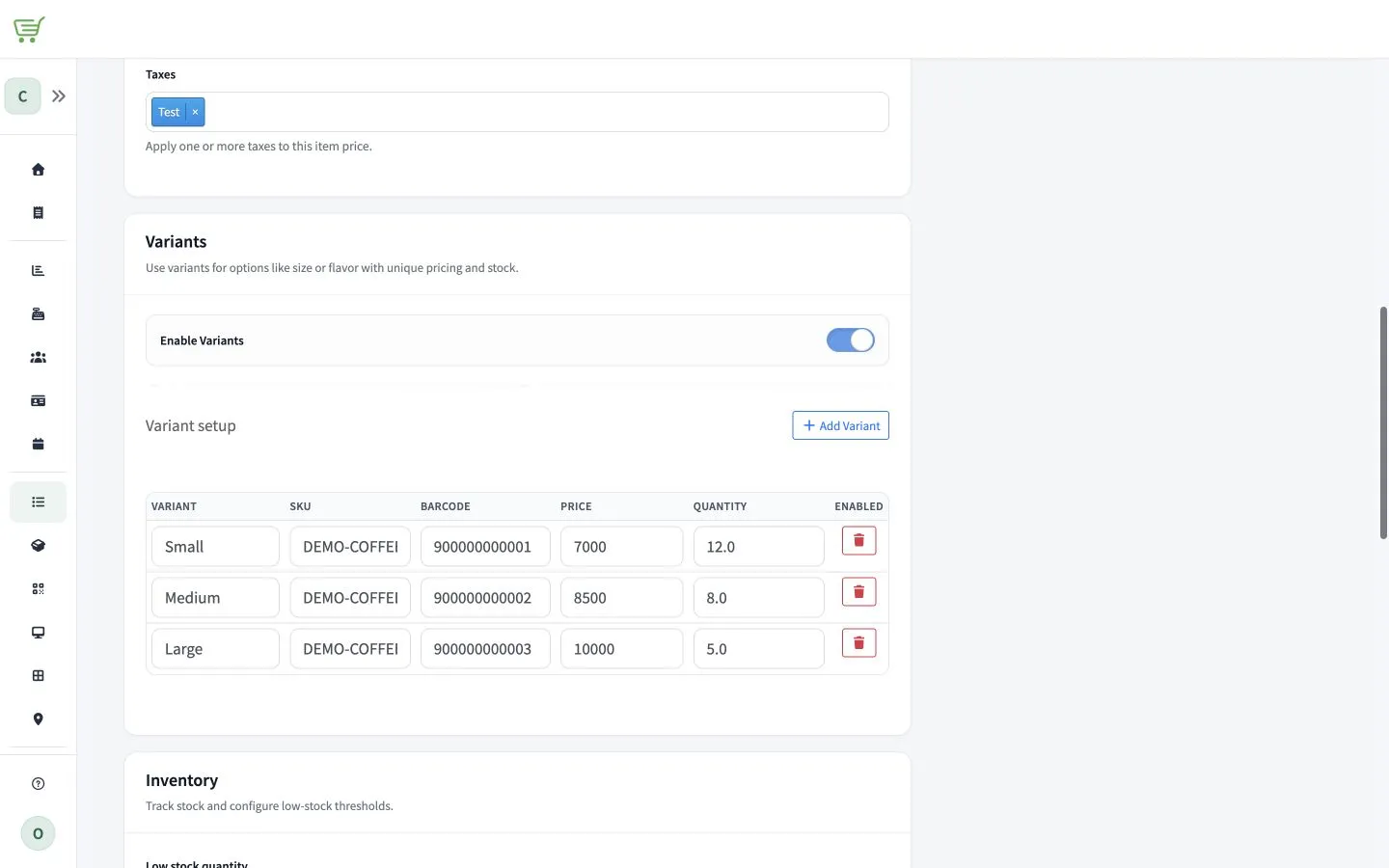 Variant setup with three synthetic product versions and their SKU, barcode, price, and quantity fields.