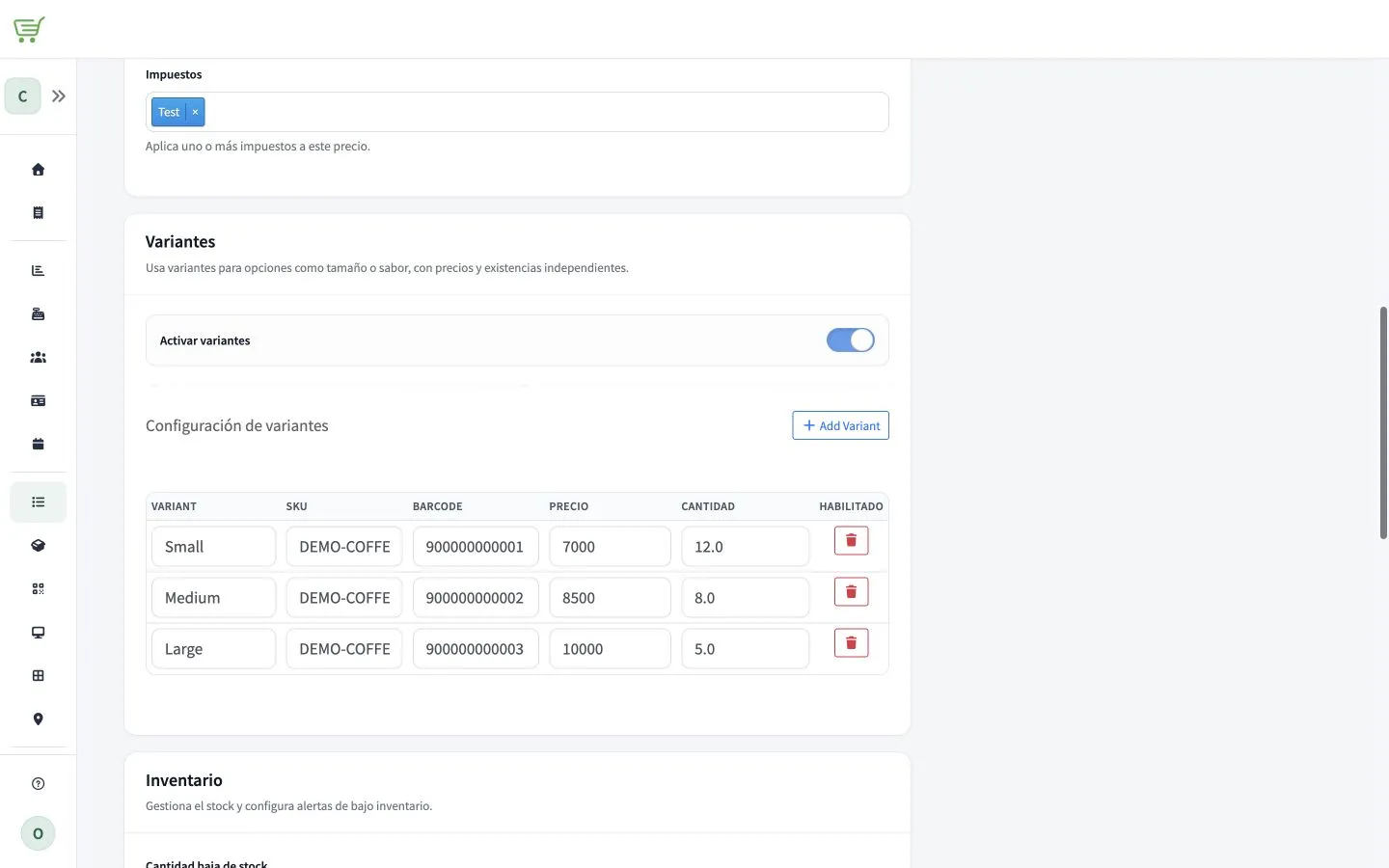 Configuración con tres variantes de producto de prueba y sus campos de SKU, código de barras, precio y cantidad.
