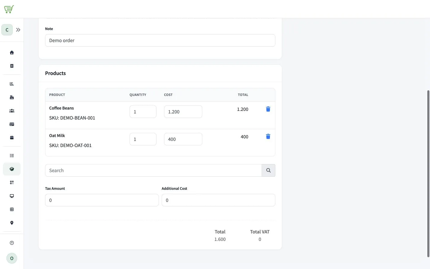Purchase-order lines showing synthetic products, ordered quantities, costs, and totals.