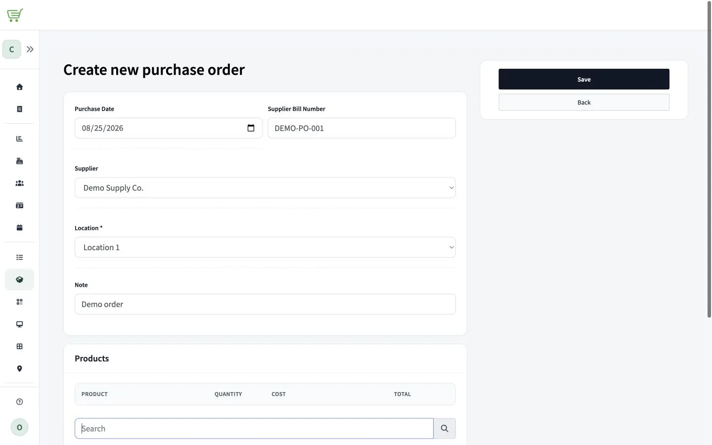 New purchase order with the synthetic supplier and receiving location selected.