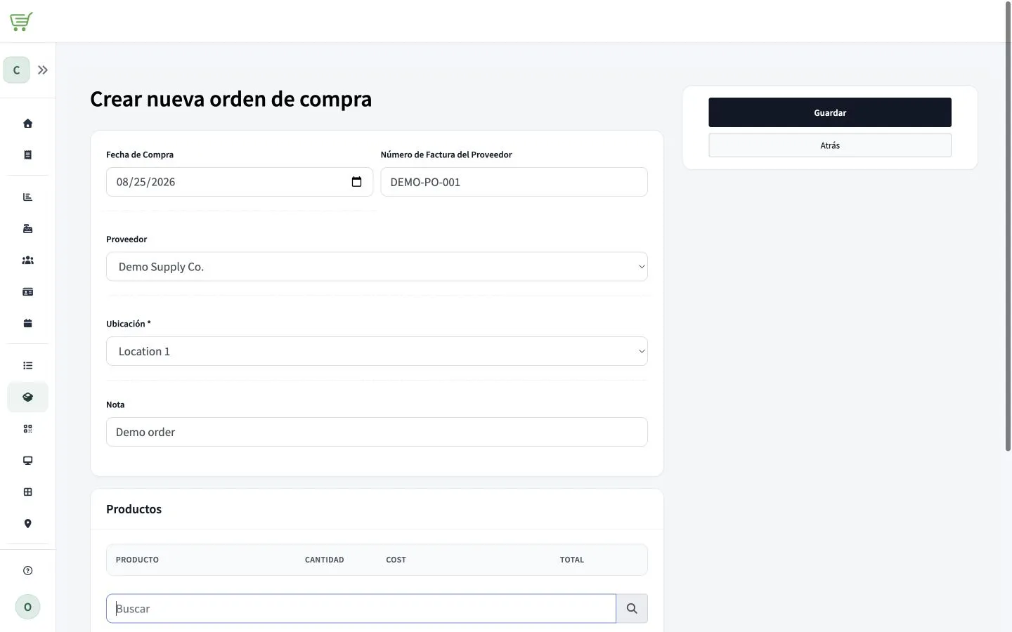 Nueva orden de compra con el proveedor de prueba y la ubicación de recepción seleccionados.