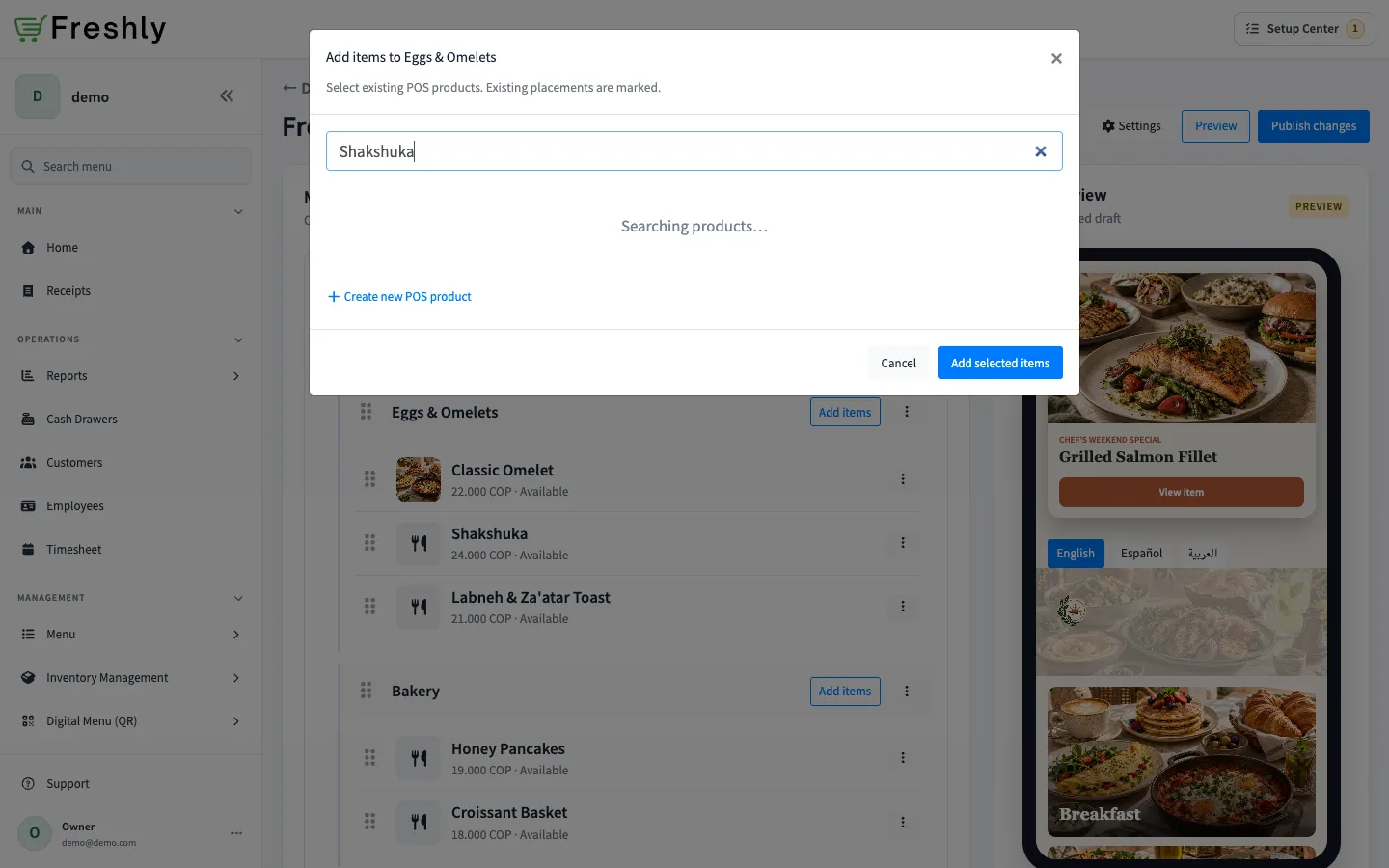 Add items dialog showing catalog search and selectable POS products.
