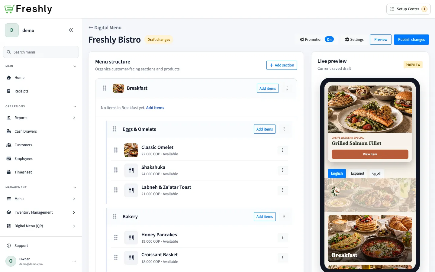 Freshly Bistro Menu Builder showing its Section hierarchy and live customer preview.
