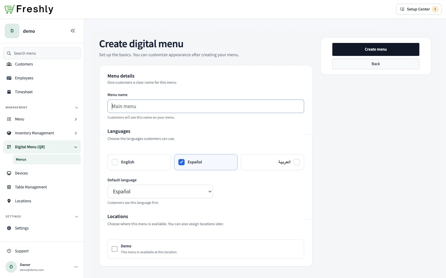 Create digital menu screen with menu name, languages, default language, and location controls.