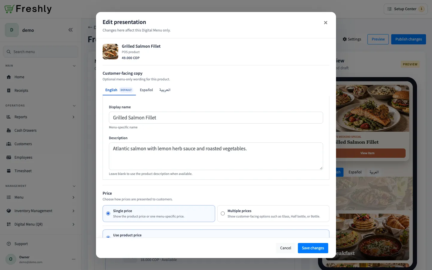 Item Presentation editor showing translated customer copy and single-price controls for Grilled Salmon Fillet.