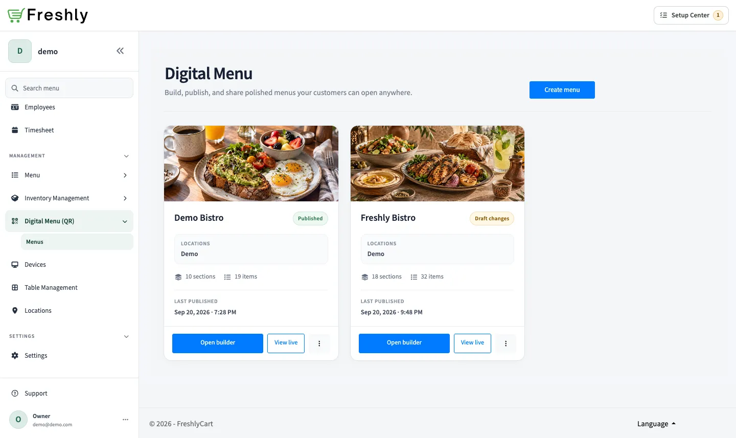 Digital Menu library showing the Demo Bistro and Freshly Bistro menu cards.