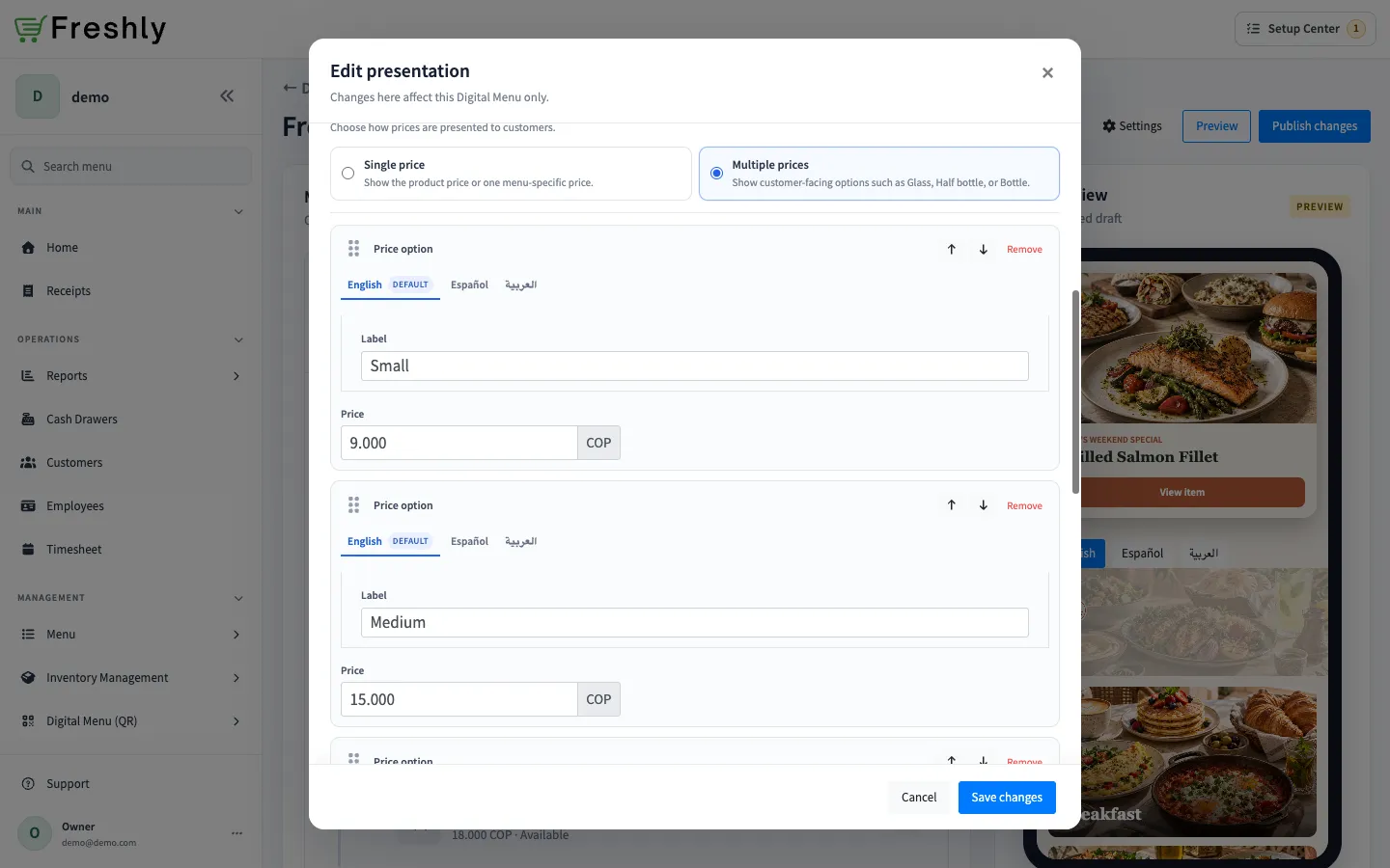 Multiple-prices editor showing Small, Medium, and Large price options for Arabic Coffee.