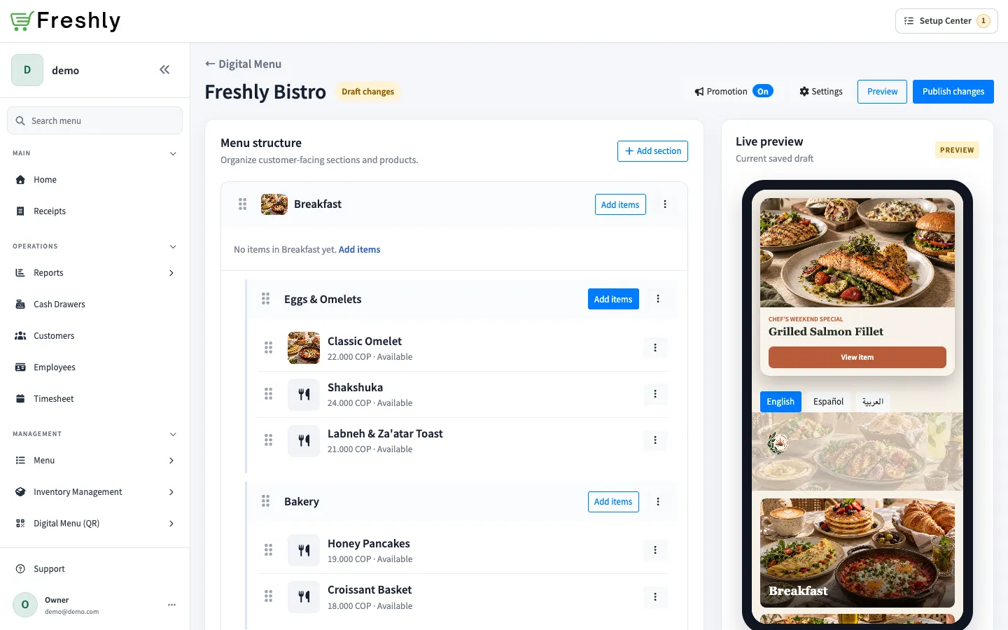Menu Builder header showing Draft changes, Preview, and Publish changes beside the live preview.