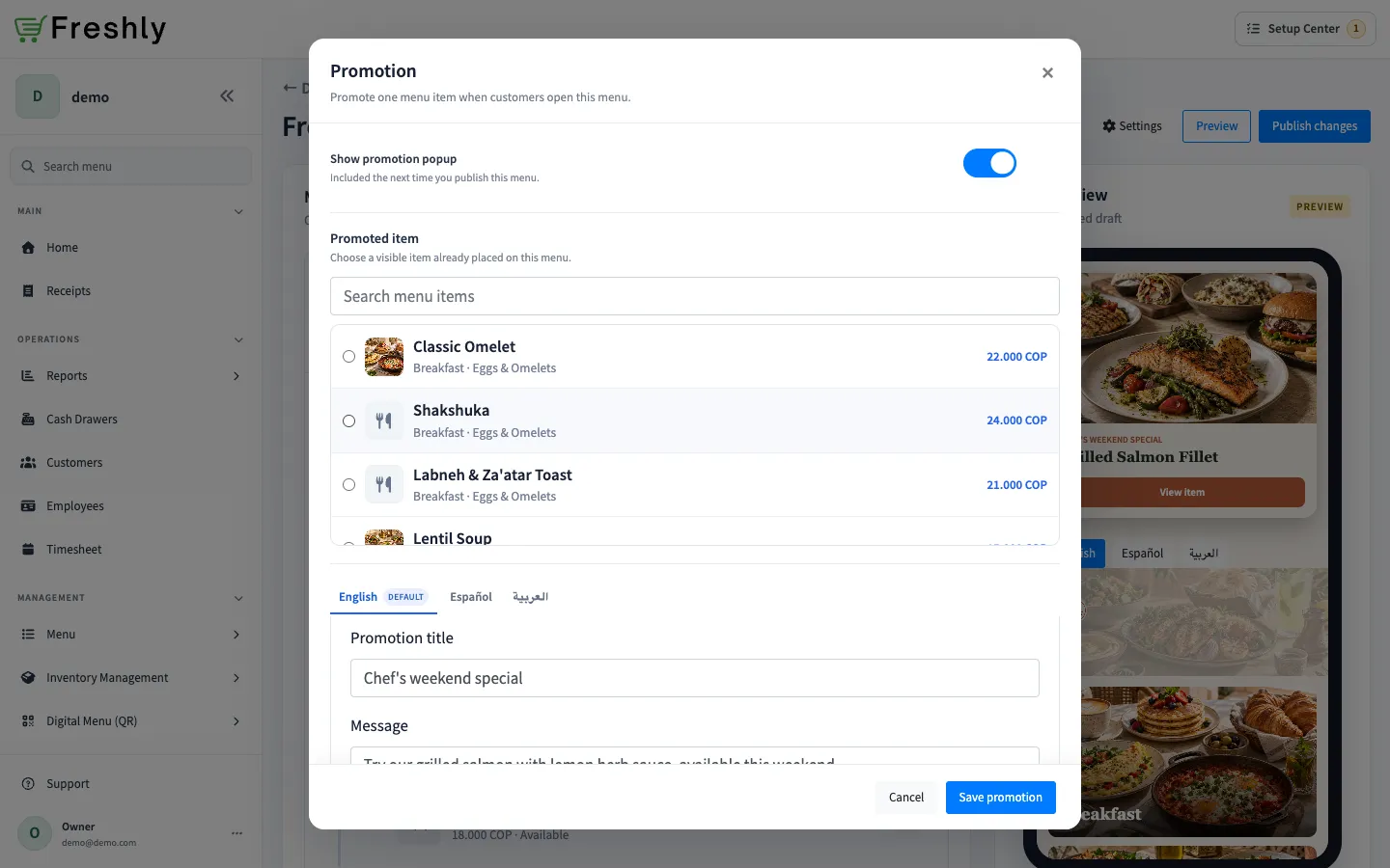 Promotion editor showing the active popup, promoted-item selector, and translated promotion copy.