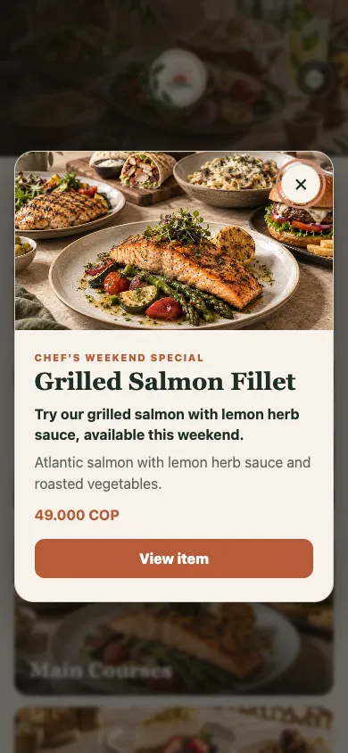 Customer-facing popup promoting Grilled Salmon Fillet with an image and View item action.