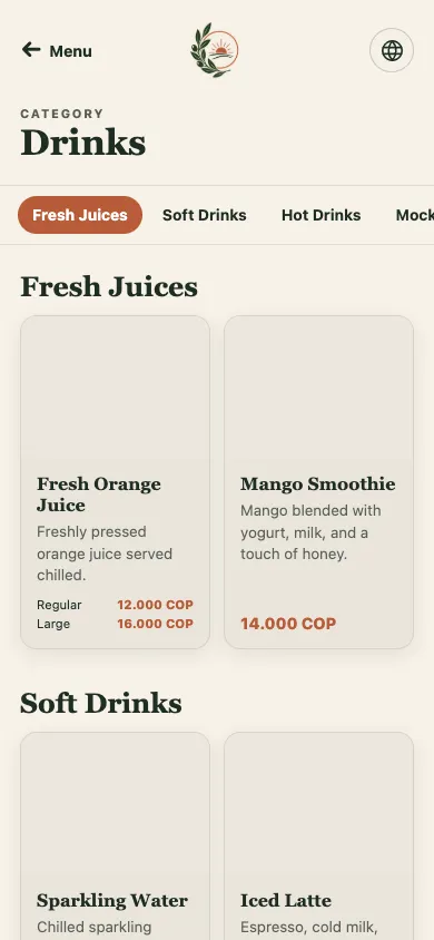 Published customer menu showing the Drinks category in the Cards layout.