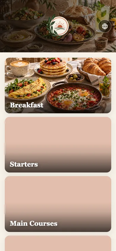Customer-facing Freshly Bistro home showing its branded cover, logo, language control, and category cards.