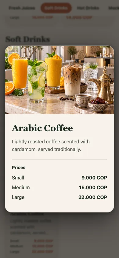 Customer item details showing the complete multiple-price list for Arabic Coffee.
