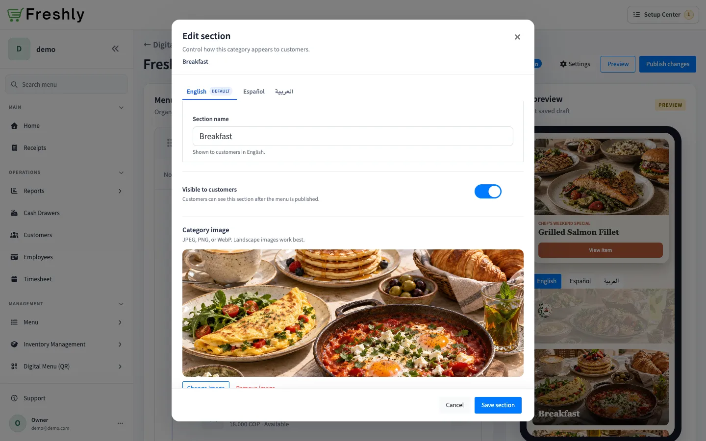 Section editor showing translated names, customer visibility, and a category image.