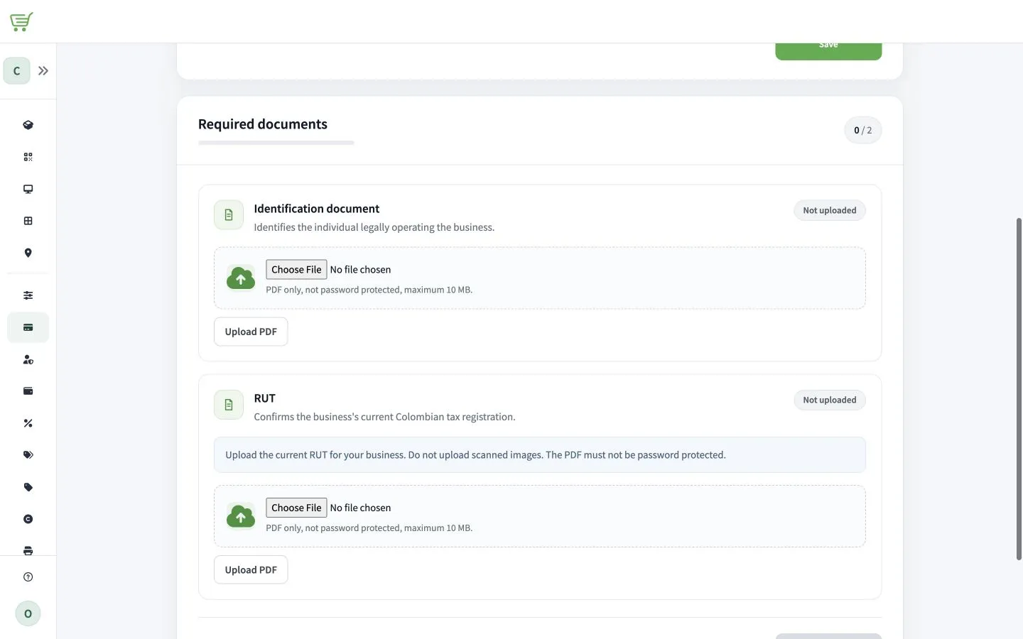 DIAN setup page showing the required-document upload areas for a synthetic individual account.