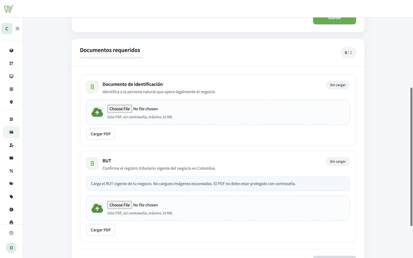 Página de configuración DIAN con las áreas de carga de documentos requeridos para una cuenta de persona natural de prueba.
