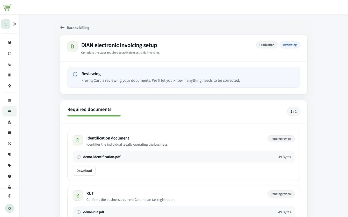 DIAN setup page showing two synthetic documents pending review.