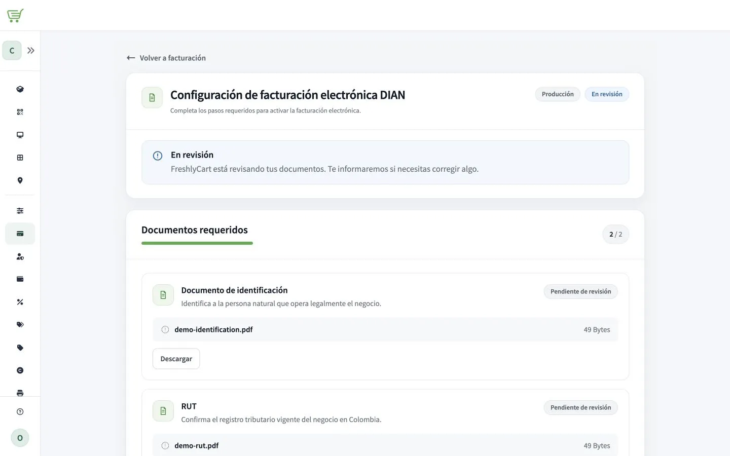 Página de configuración DIAN con dos documentos de prueba pendientes de revisión.