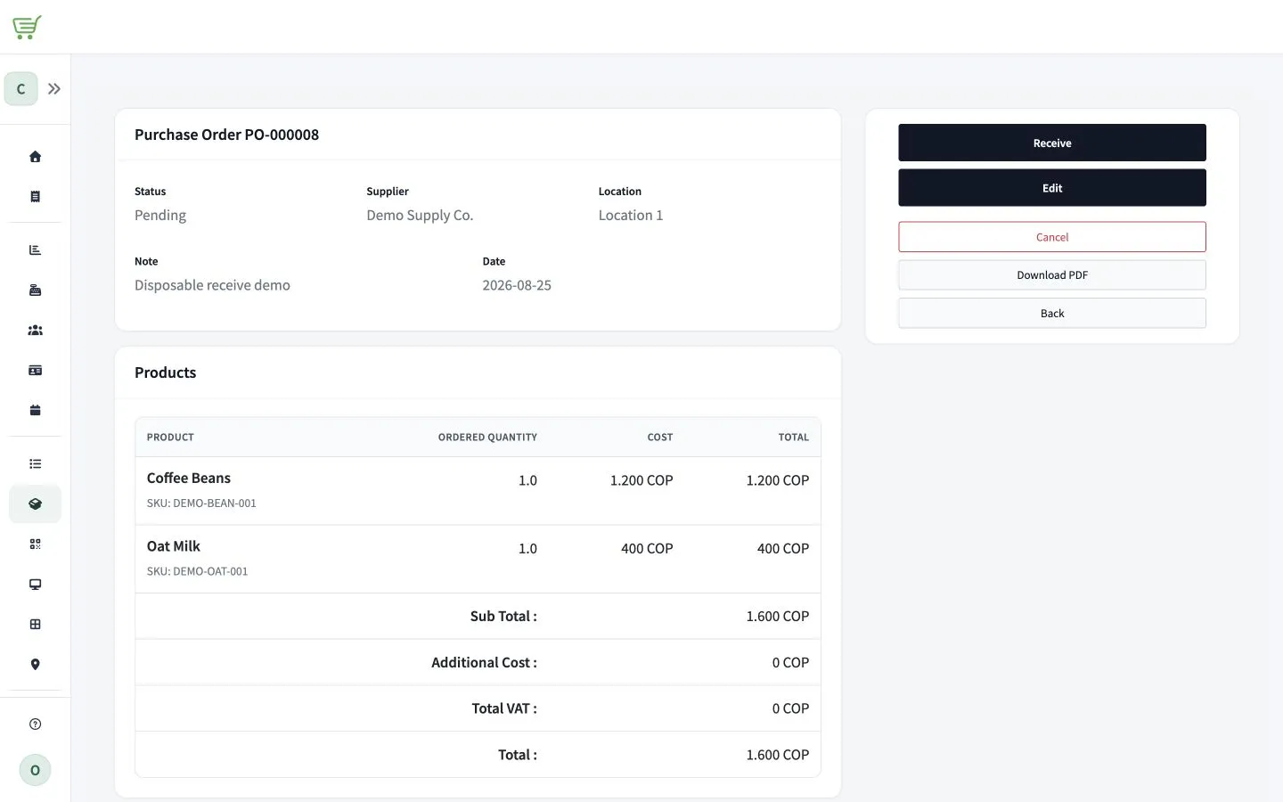 Pending purchase order showing all ordered quantities and the Receive action.