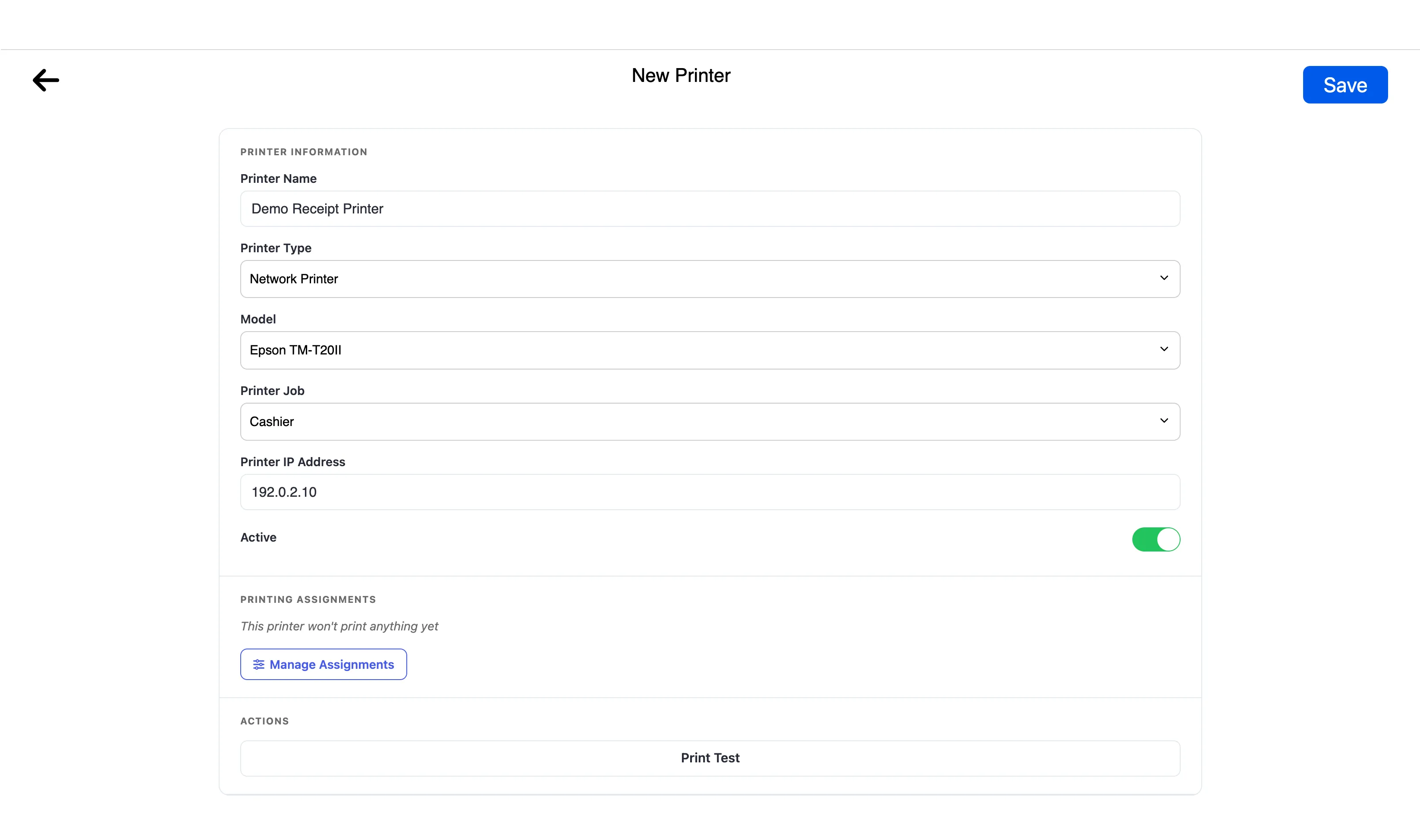 FreshlyCart POS network-printer form showing a demo printer name, network connection, cashier job, documentation IP address, and active state.