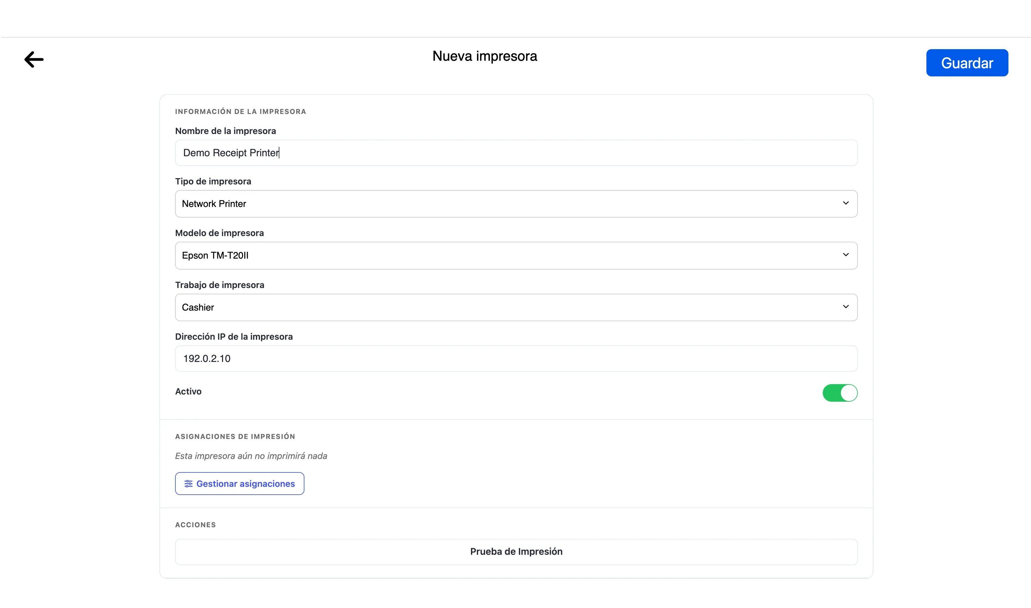 Formulario de impresora de red de FreshlyCart POS con un nombre de impresora de prueba, conexión de red, trabajo de cajero, dirección IP de documentación y estado activo.