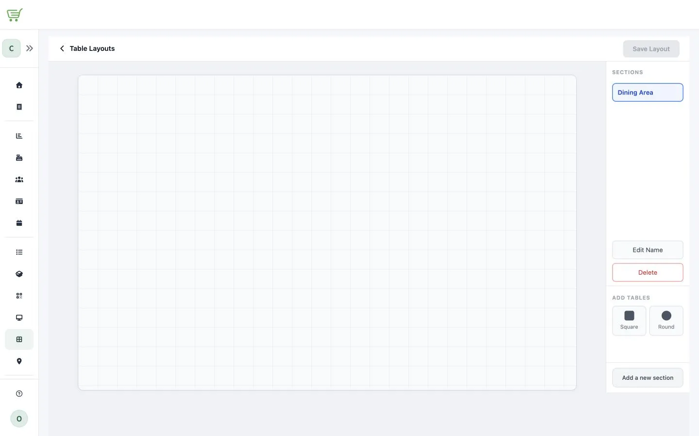 Table-layout editor showing controls for adding square and round tables.